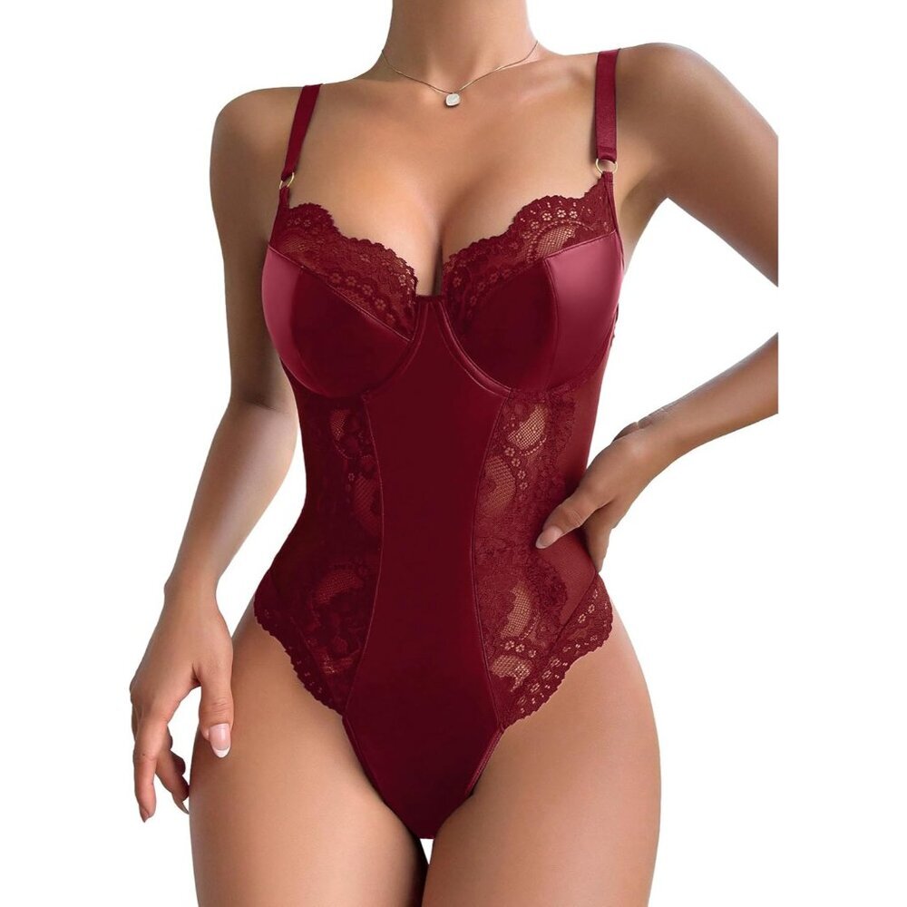 Women Burgundy Bodysuit Bustier Top One Piece Floral Lace Sheer Corset Lingerie